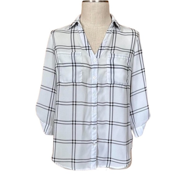 Fortune & Ivy Small White Black Plaid Windowpane Button Front Blouse Roll Tab - Picture 2 of 10